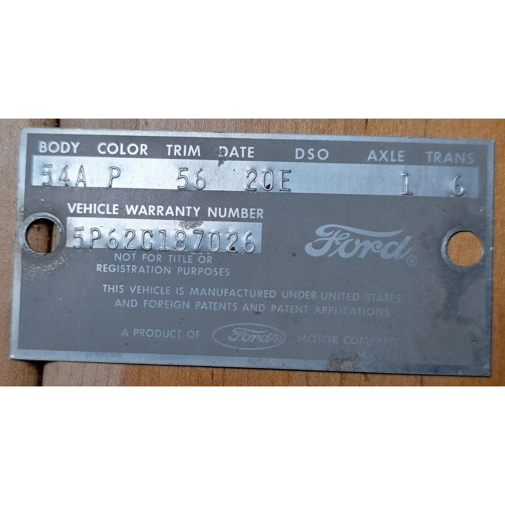 1965 Ford Galaxie Vehicle Warranty Number Data Plate‎ Tag